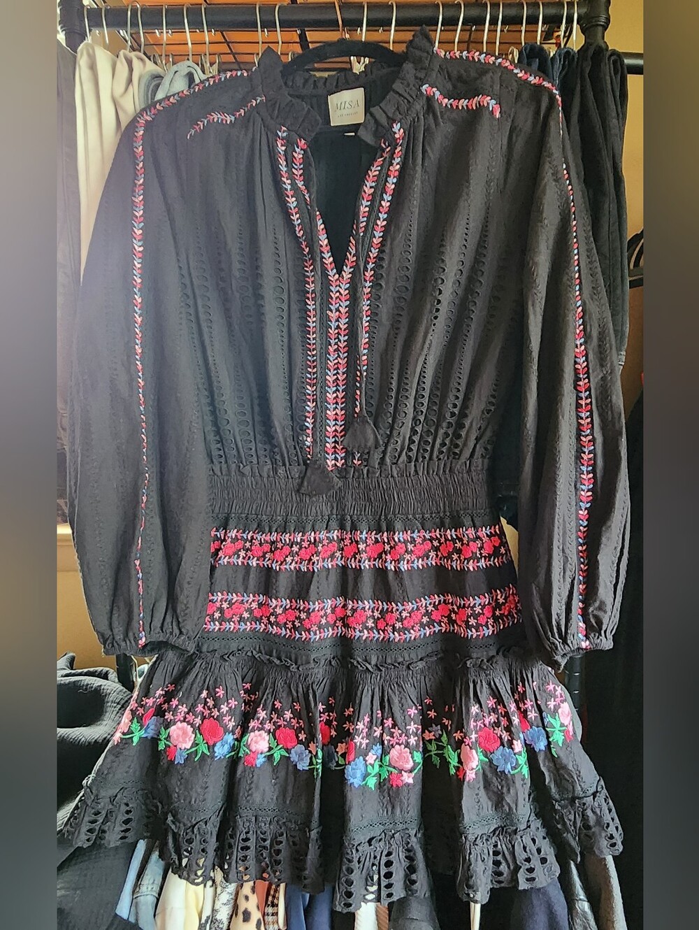 MISA Los Angeles Black Embroidered Long-Sleeve Cotton Dress